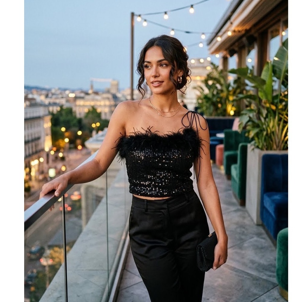 Crystal Sky Black Sequin Feather Trim One Shoulder Crop Top XS Baddiecore Goth